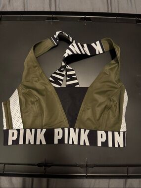 PINK Victoria's Secret Olive Green & Black Logo Sports Bra Top